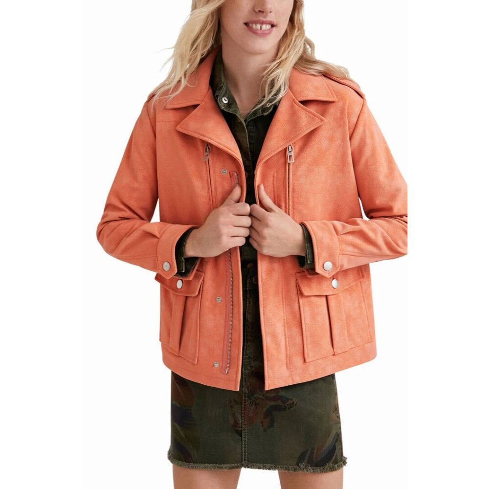 Desigual Straight Multi-Pocket Faux Leather Jacket Craquelure Orange NWT Medium